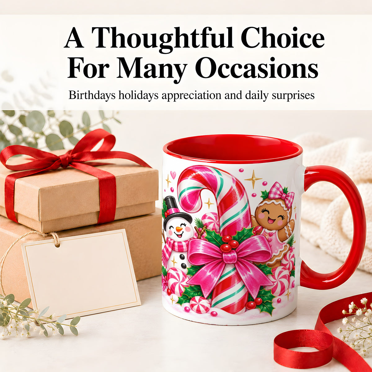 #pl[11oz|Red] Pink Candy Cane Christmas Ceramic Mug, Snowman Gingerbread Design