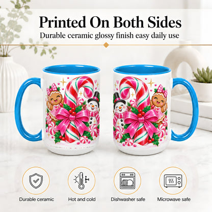 #pl[15oz|Blue] Pink Candy Cane Christmas Ceramic Mug, Snowman Gingerbread Design