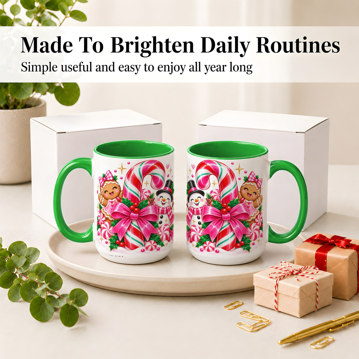 #pl[15oz|Green] Pink Candy Cane Christmas Ceramic Mug, Snowman Gingerbread Design