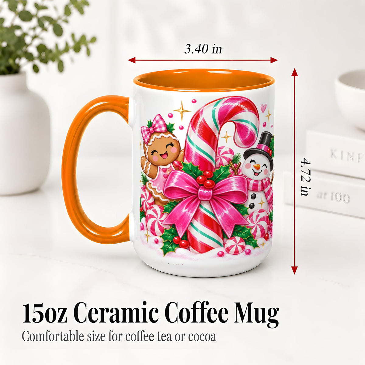 #pl[15oz|Orange] Pink Candy Cane Christmas Ceramic Mug, Snowman Gingerbread Design
