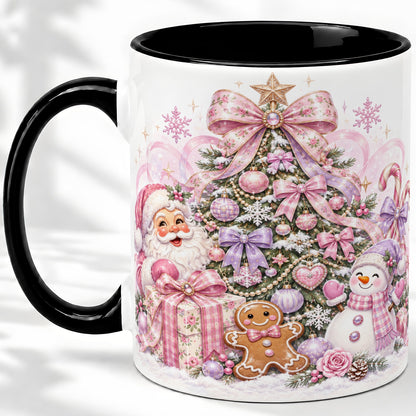 #pl[11oz|Black] Pink Christmas Tree Ceramic Mug, Santa Snowman Gingerbread Design