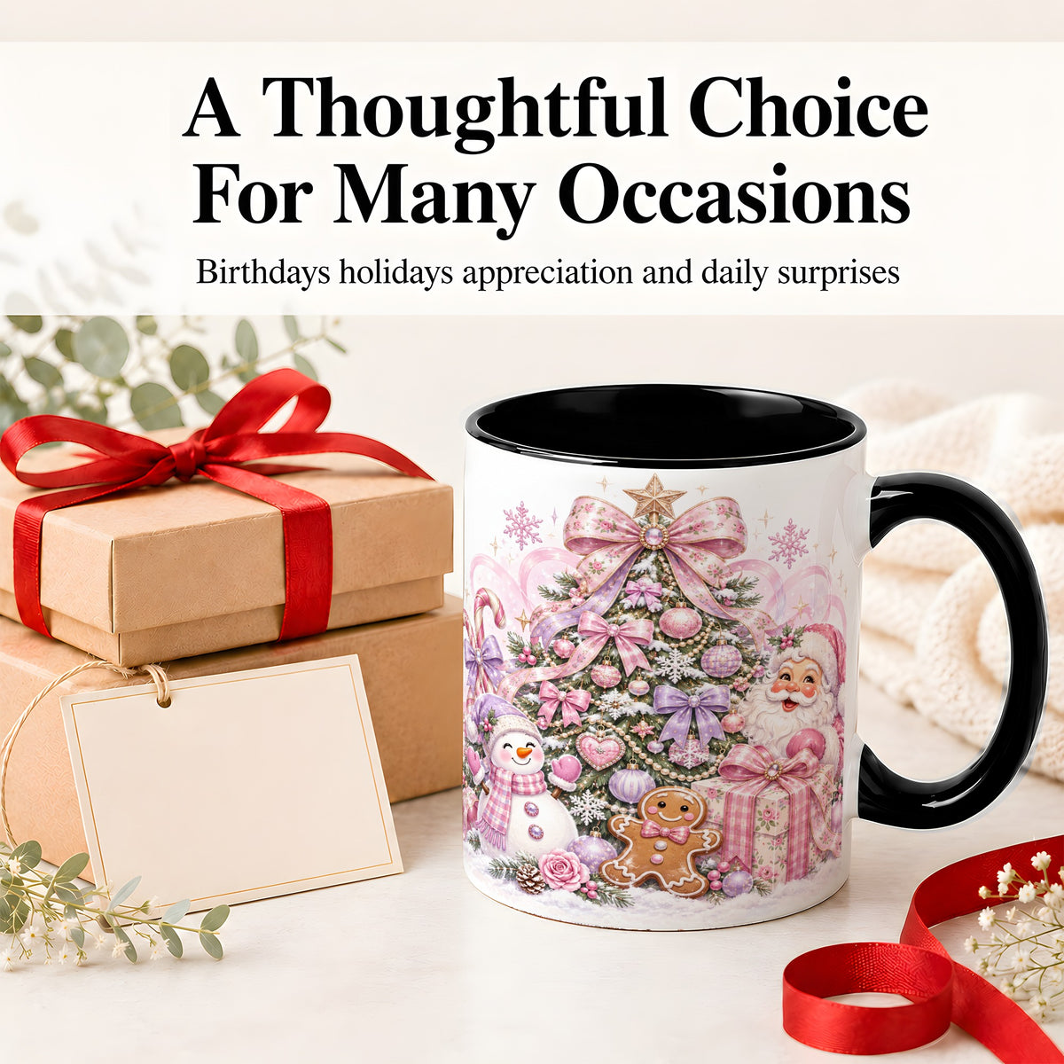 #pl[11oz|Black] Pink Christmas Tree Ceramic Mug, Santa Snowman Gingerbread Design