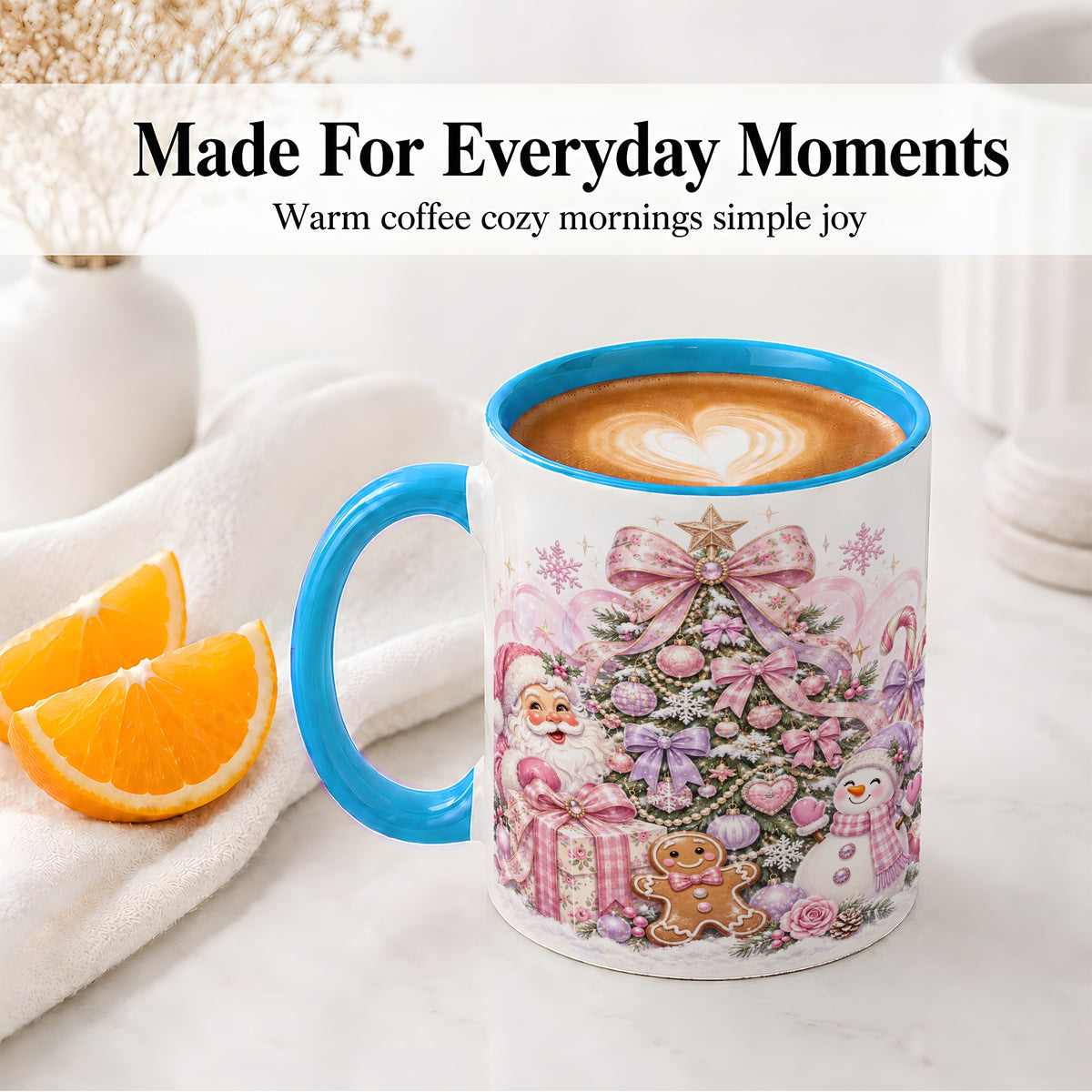#pl[11oz|Blue] Pink Christmas Tree Ceramic Mug, Santa Snowman Gingerbread Design