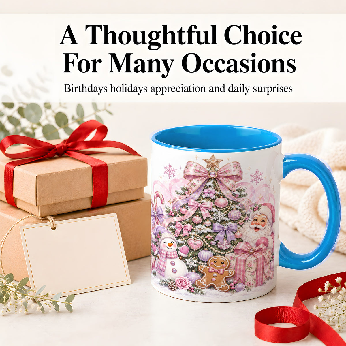 #pl[11oz|Blue] Pink Christmas Tree Ceramic Mug, Santa Snowman Gingerbread Design