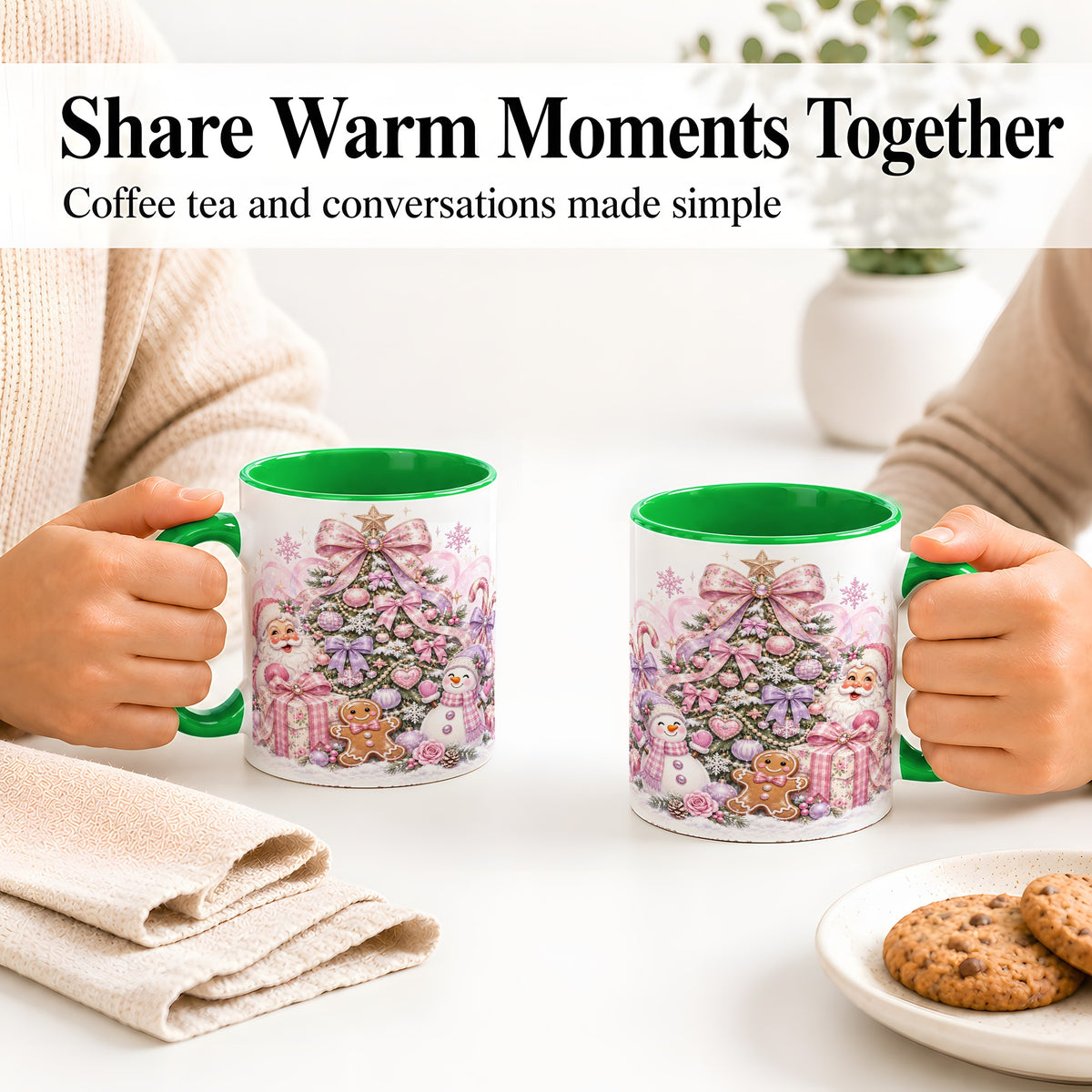 #pl[11oz|Green] Pink Christmas Tree Ceramic Mug, Santa Snowman Gingerbread Design