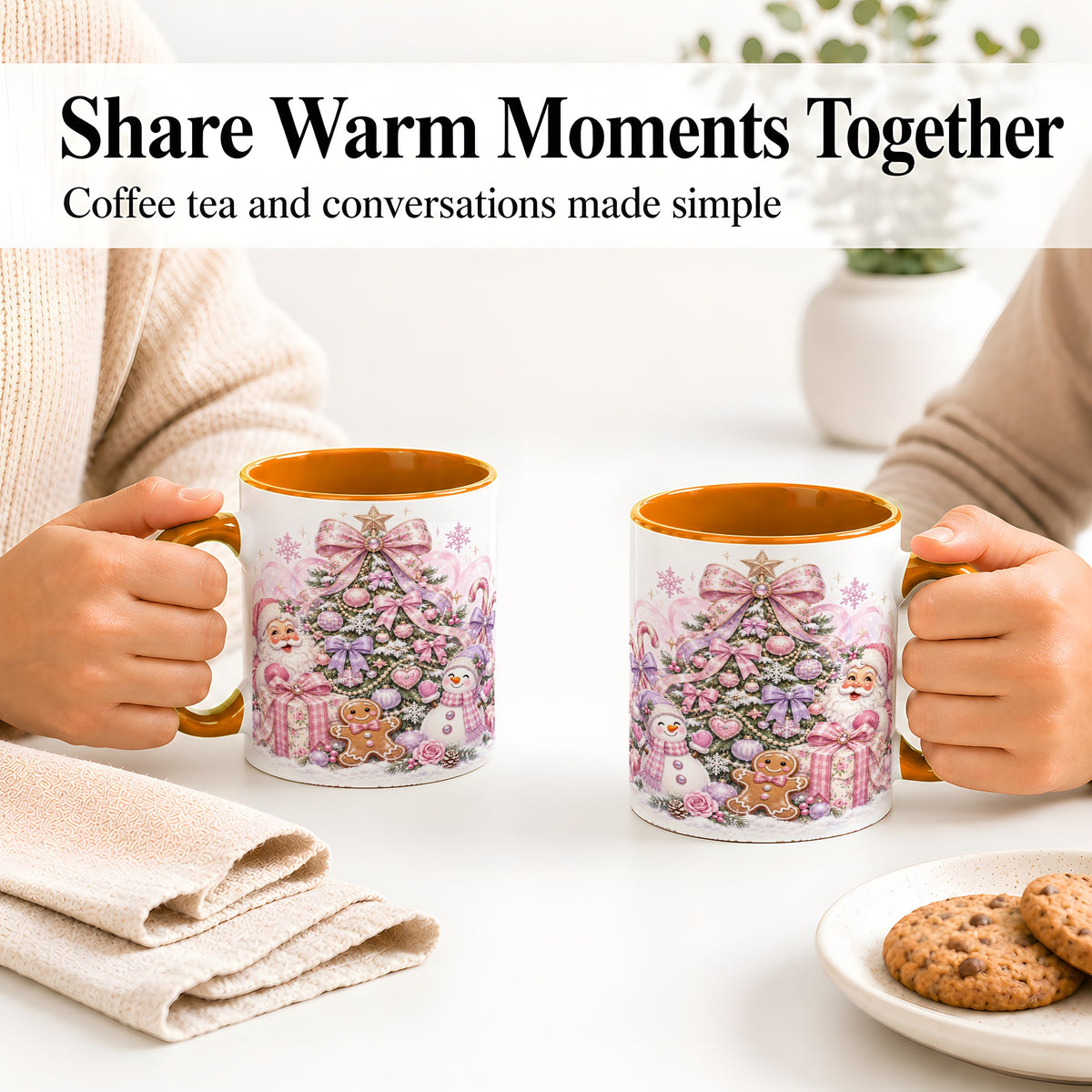#pl[11oz|Orange] Pink Christmas Tree Ceramic Mug, Santa Snowman Gingerbread Design