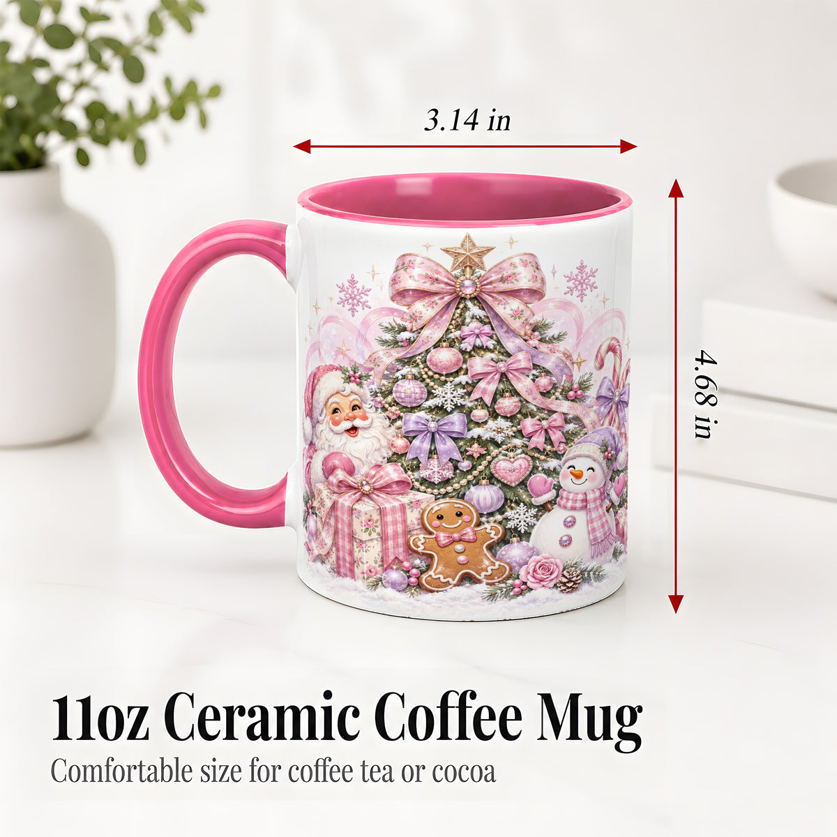 #pl[11oz|Pink] Pink Christmas Tree Ceramic Mug, Santa Snowman Gingerbread Design