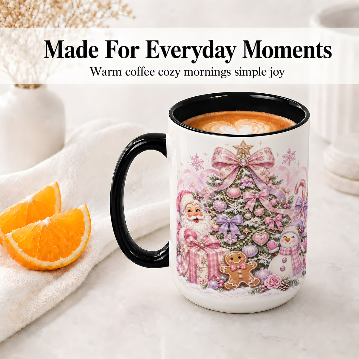 #pl[15oz|Black] Pink Christmas Tree Ceramic Mug, Santa Snowman Gingerbread Design