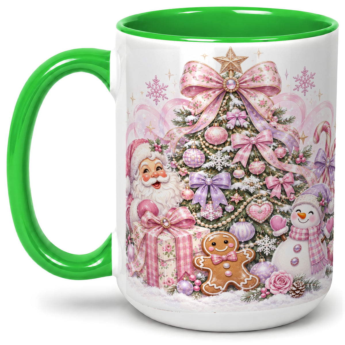 #pl[15oz|Green] Pink Christmas Tree Ceramic Mug, Santa Snowman Gingerbread Design