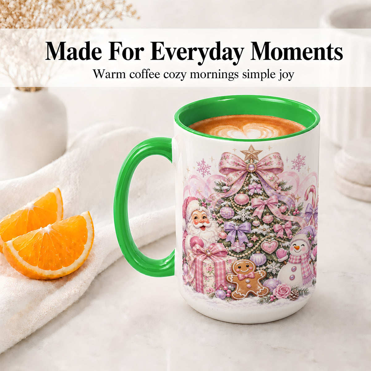 #pl[15oz|Green] Pink Christmas Tree Ceramic Mug, Santa Snowman Gingerbread Design