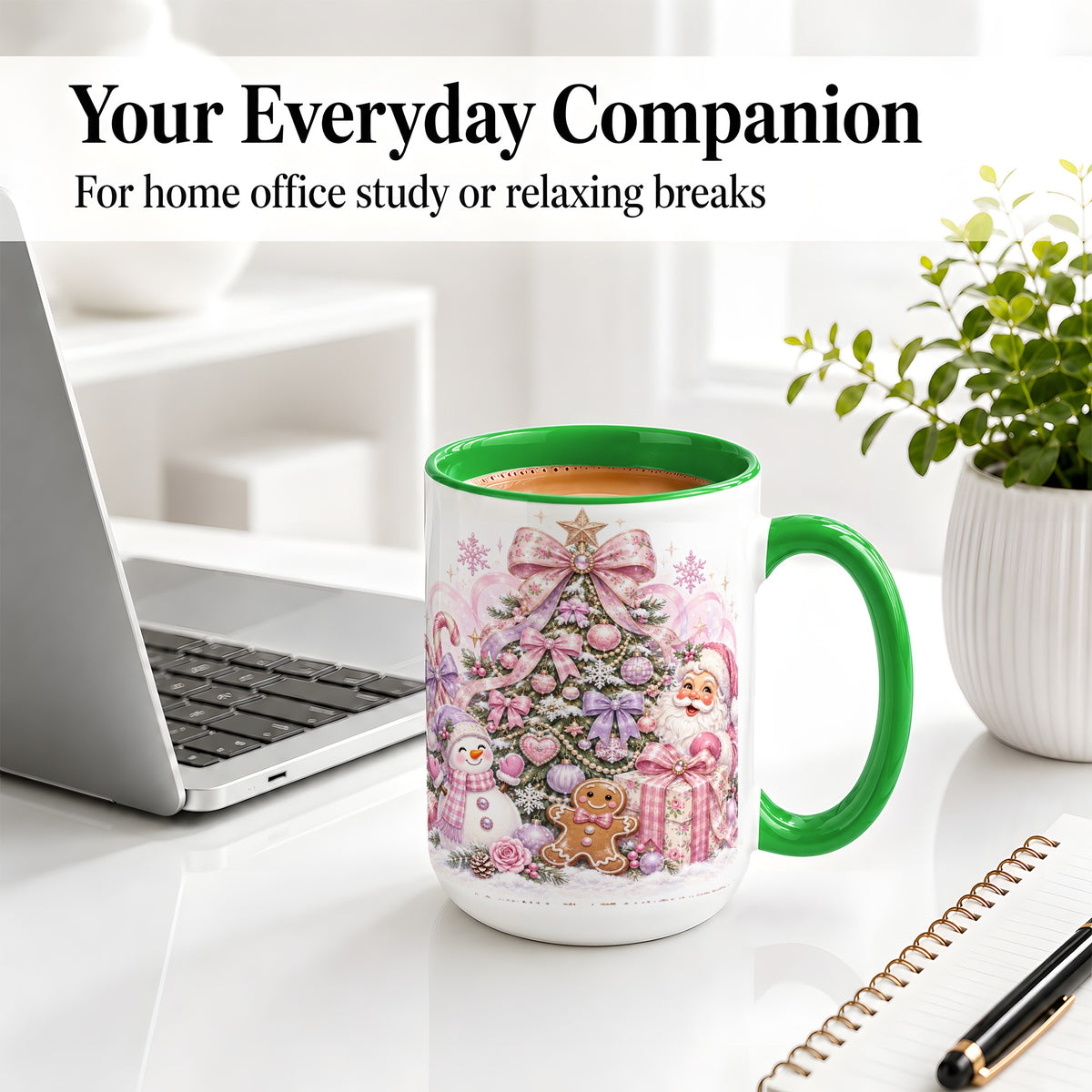 #pl[15oz|Green] Pink Christmas Tree Ceramic Mug, Santa Snowman Gingerbread Design