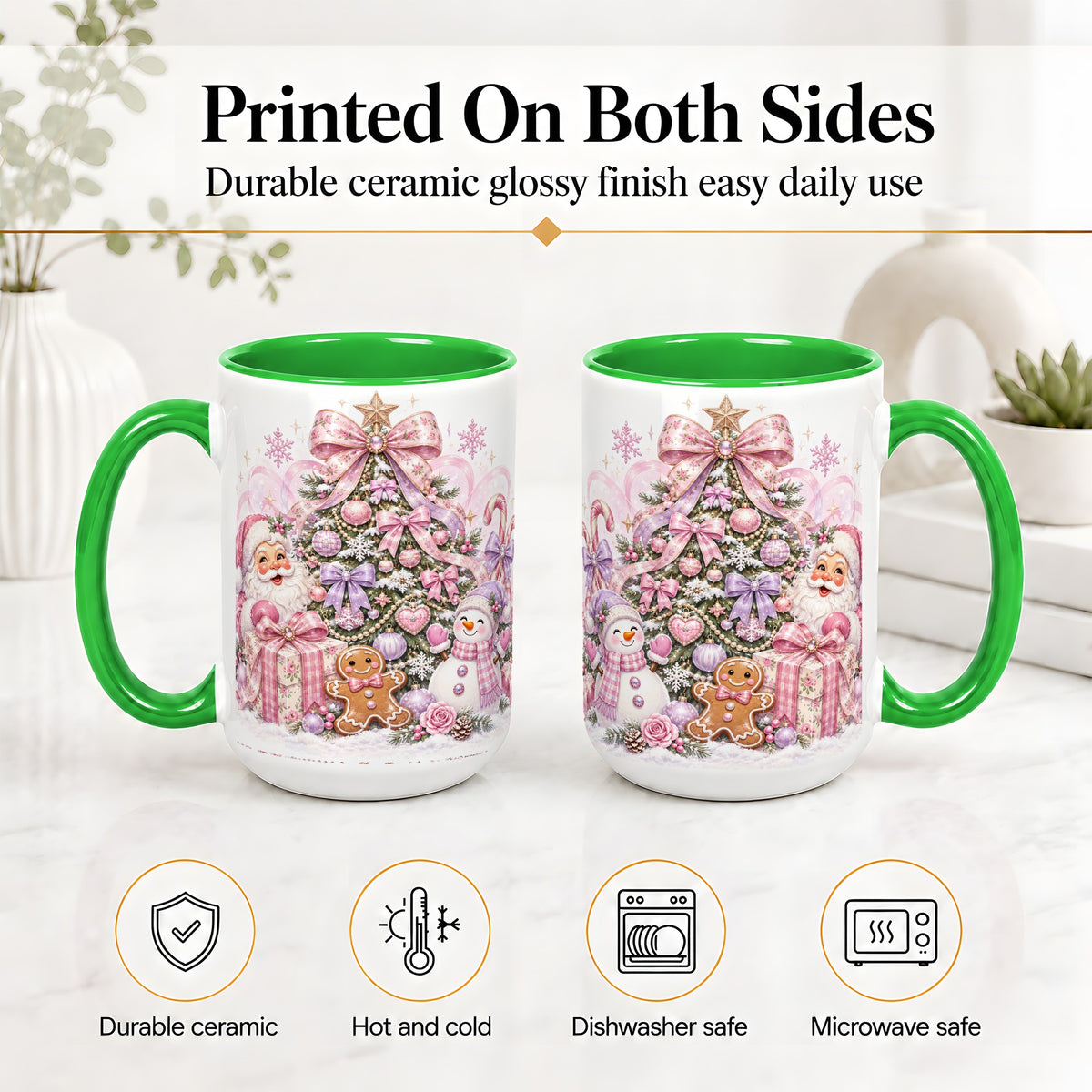 #pl[15oz|Green] Pink Christmas Tree Ceramic Mug, Santa Snowman Gingerbread Design