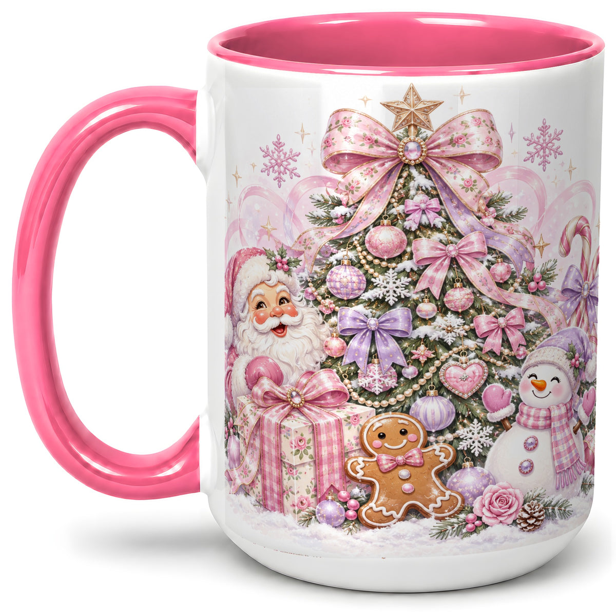 #pl[15oz|Pink] Pink Christmas Tree Ceramic Mug, Santa Snowman Gingerbread Design