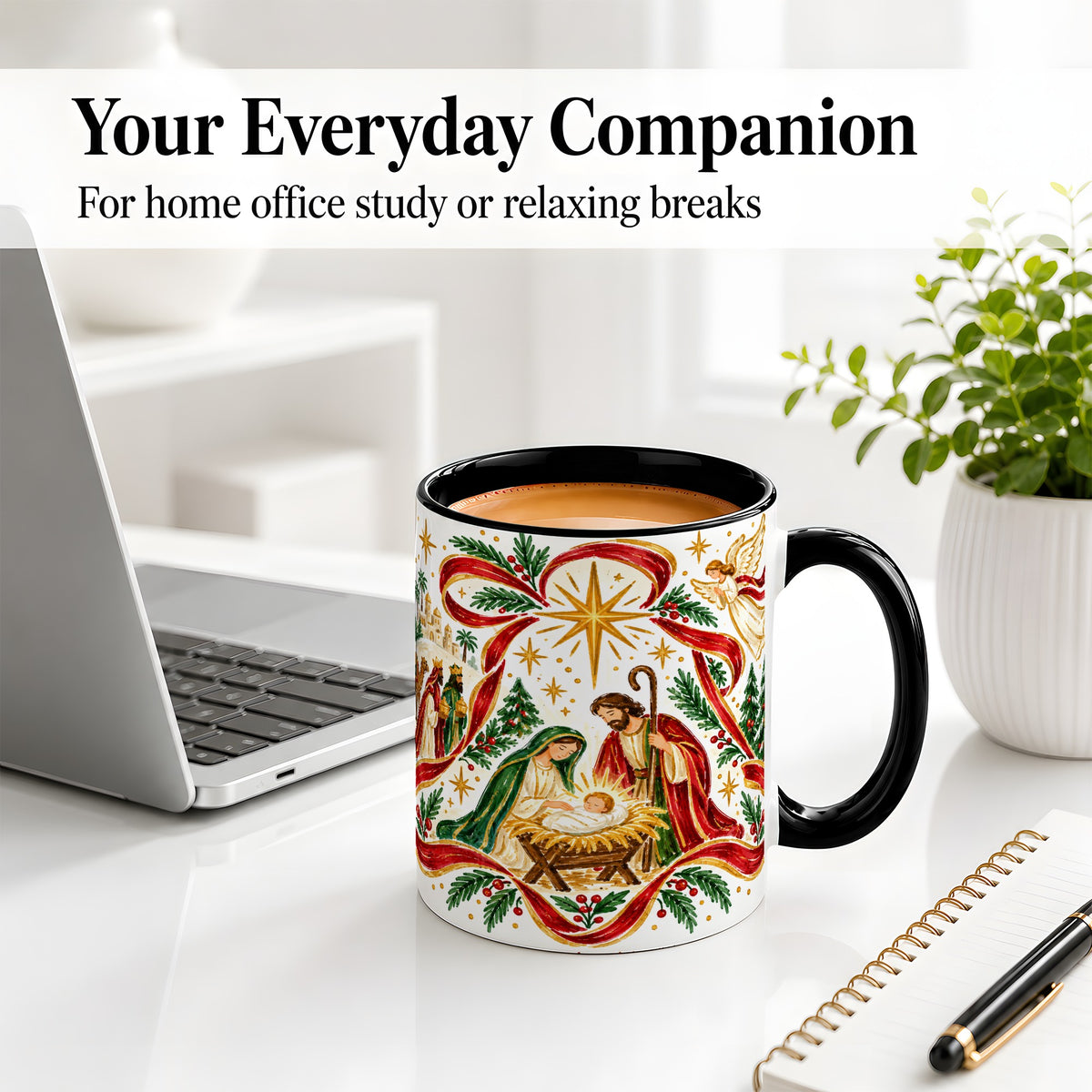 #pl[11oz|Black] Nativity Christmas Ceramic Mug, Holy Family Angel Religious Scene