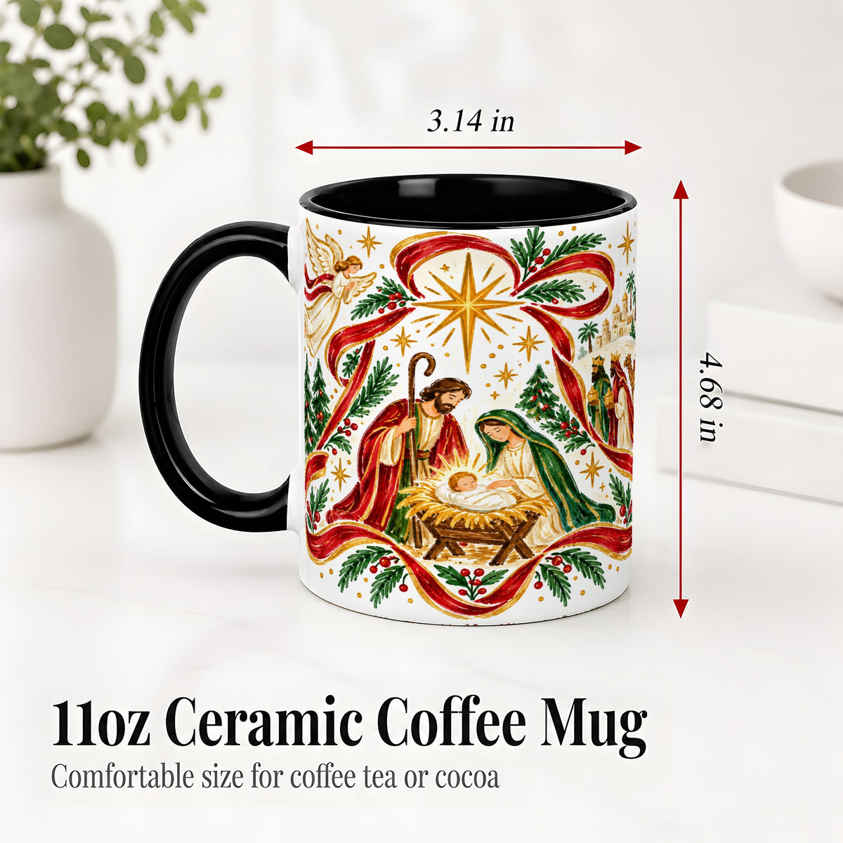 #pl[11oz|Black] Nativity Christmas Ceramic Mug, Holy Family Angel Religious Scene