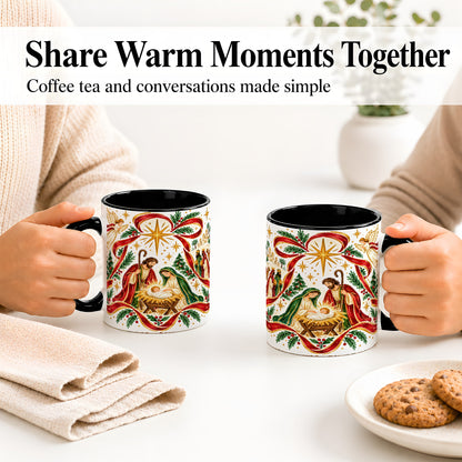 #pl[11oz|Black] Nativity Christmas Ceramic Mug, Holy Family Angel Religious Scene