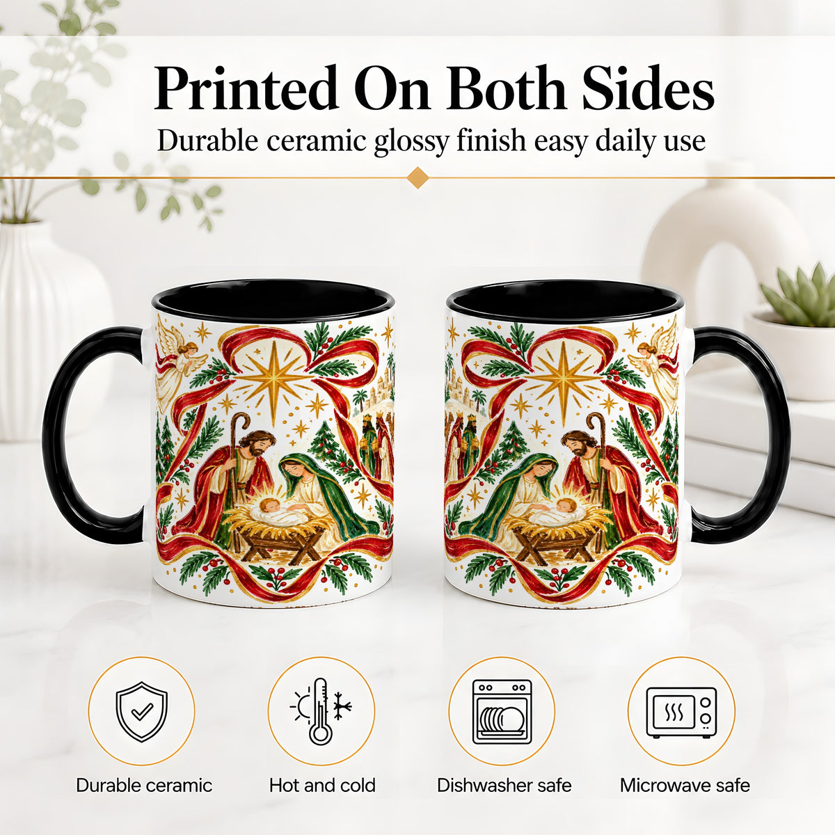 #pl[11oz|Black] Nativity Christmas Ceramic Mug, Holy Family Angel Religious Scene