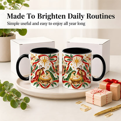 #pl[11oz|Black] Nativity Christmas Ceramic Mug, Holy Family Angel Religious Scene