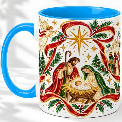 #pl[11oz|Blue] Nativity Christmas Ceramic Mug, Holy Family Angel Religious Scene