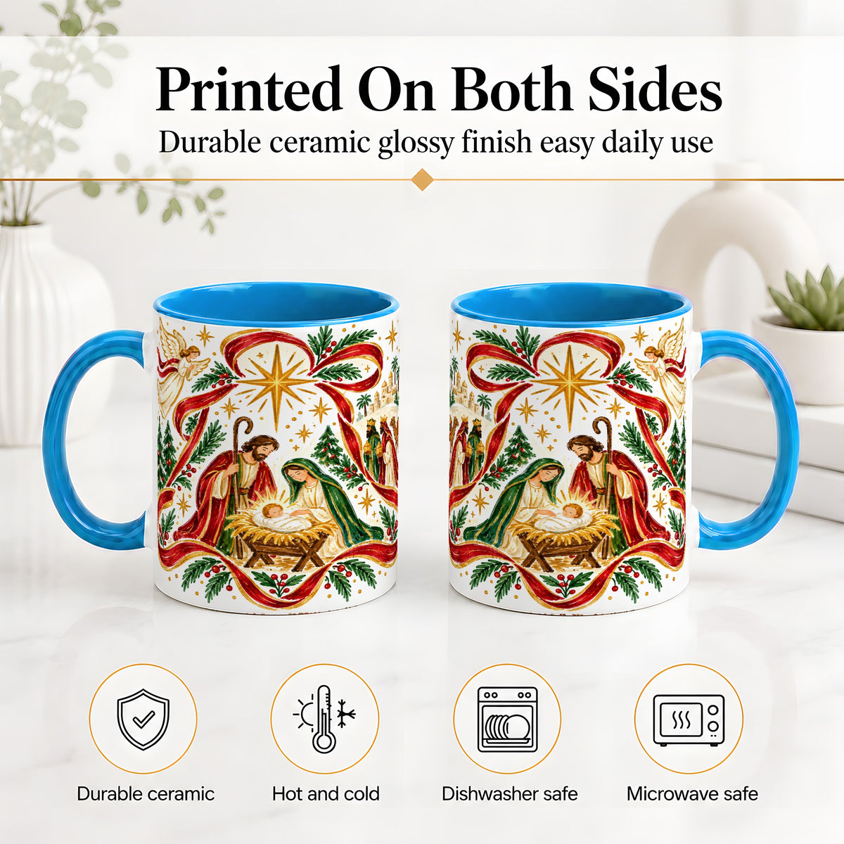 #pl[11oz|Blue] Nativity Christmas Ceramic Mug, Holy Family Angel Religious Scene