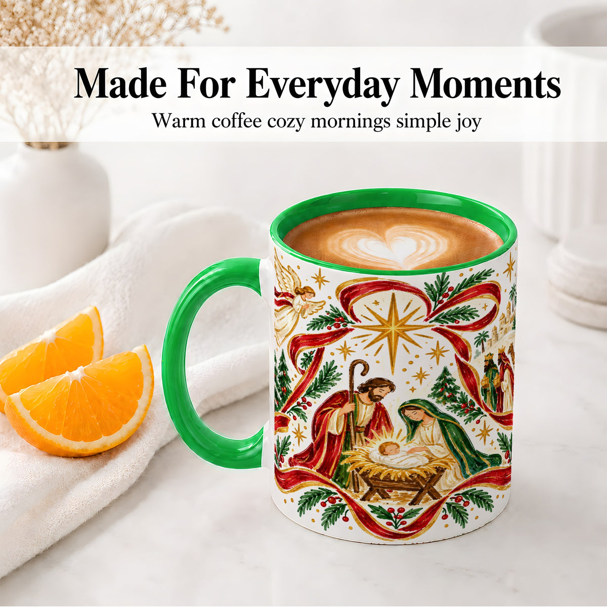 #pl[11oz|Green] Nativity Christmas Ceramic Mug, Holy Family Angel Religious Scene