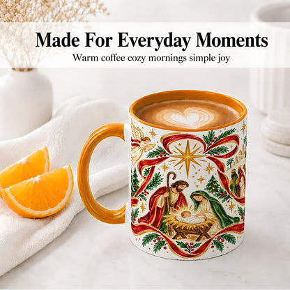 #pl[11oz|Orange] Nativity Christmas Ceramic Mug, Holy Family Angel Religious Scene