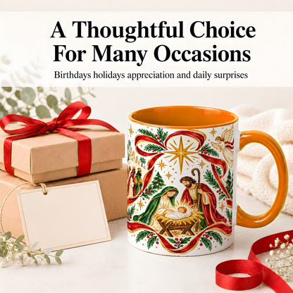#pl[11oz|Orange] Nativity Christmas Ceramic Mug, Holy Family Angel Religious Scene