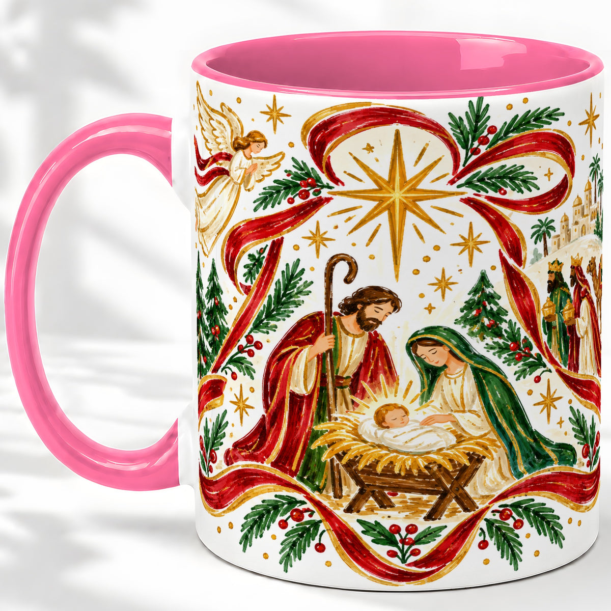 #pl[11oz|Pink] Nativity Christmas Ceramic Mug, Holy Family Angel Religious Scene