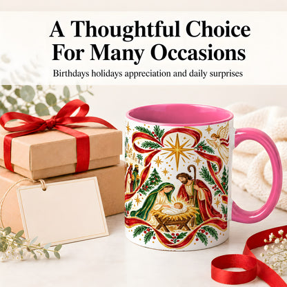 #pl[11oz|Pink] Nativity Christmas Ceramic Mug, Holy Family Angel Religious Scene