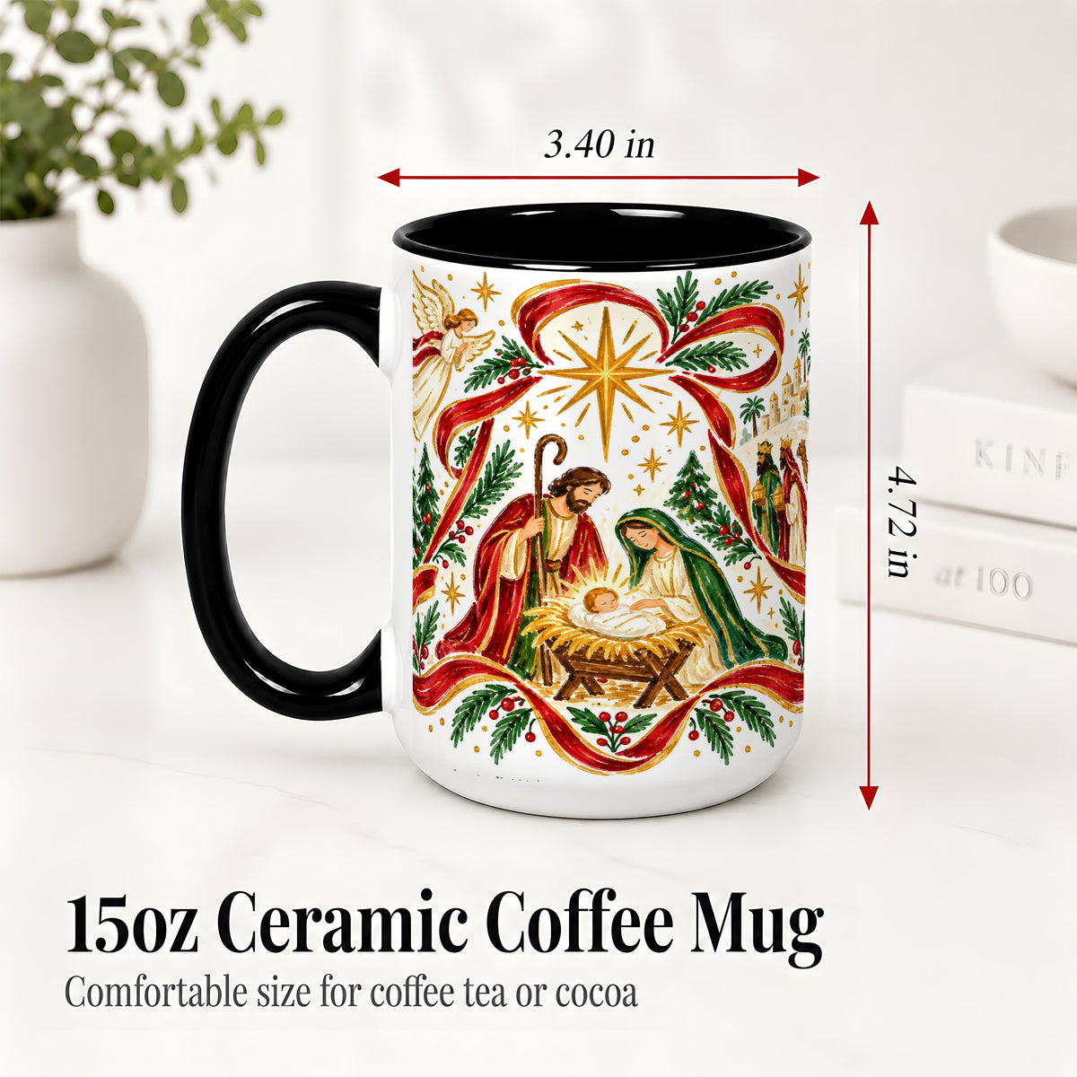#pl[15oz|Black] Nativity Christmas Ceramic Mug, Holy Family Angel Religious Scene