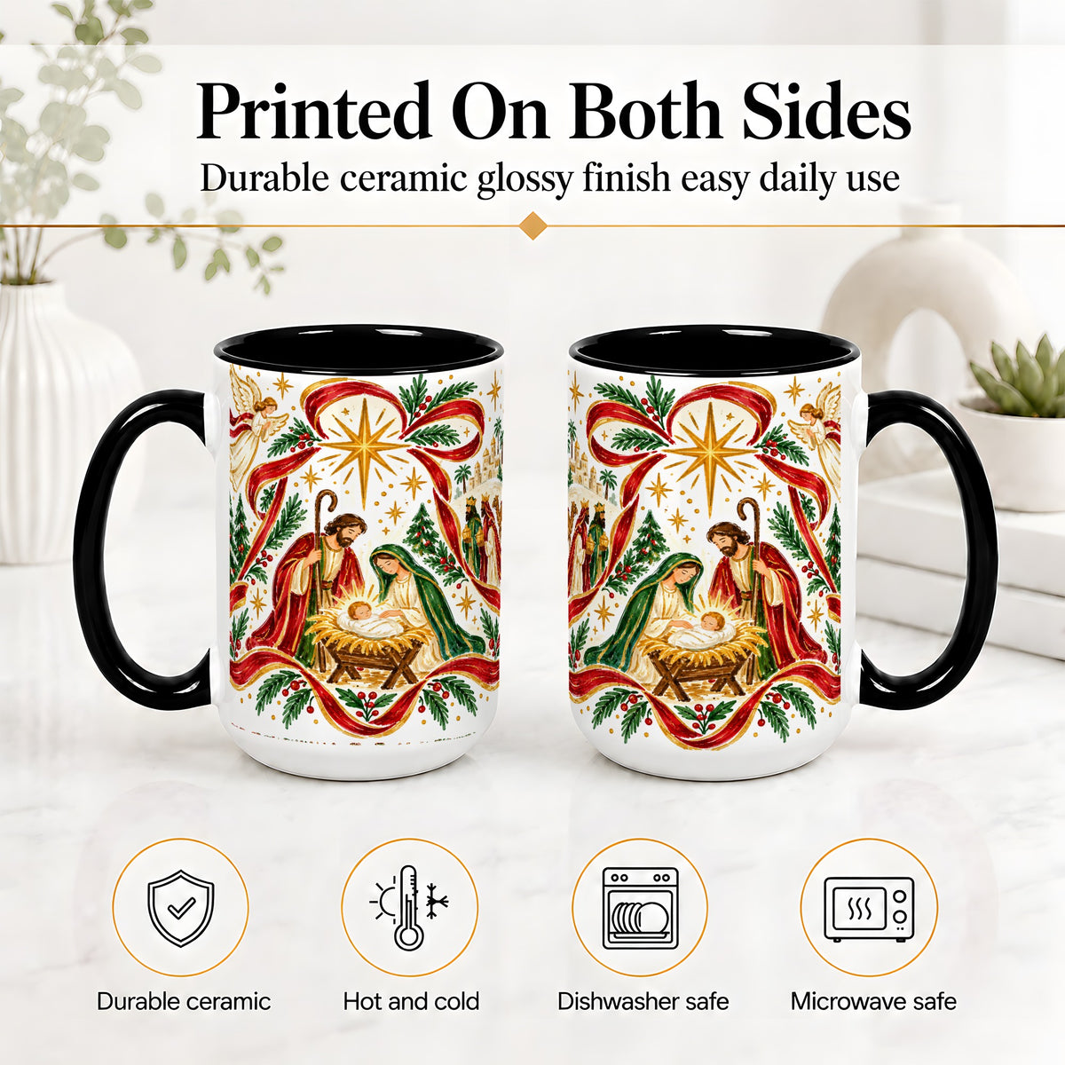 #pl[15oz|Black] Nativity Christmas Ceramic Mug, Holy Family Angel Religious Scene