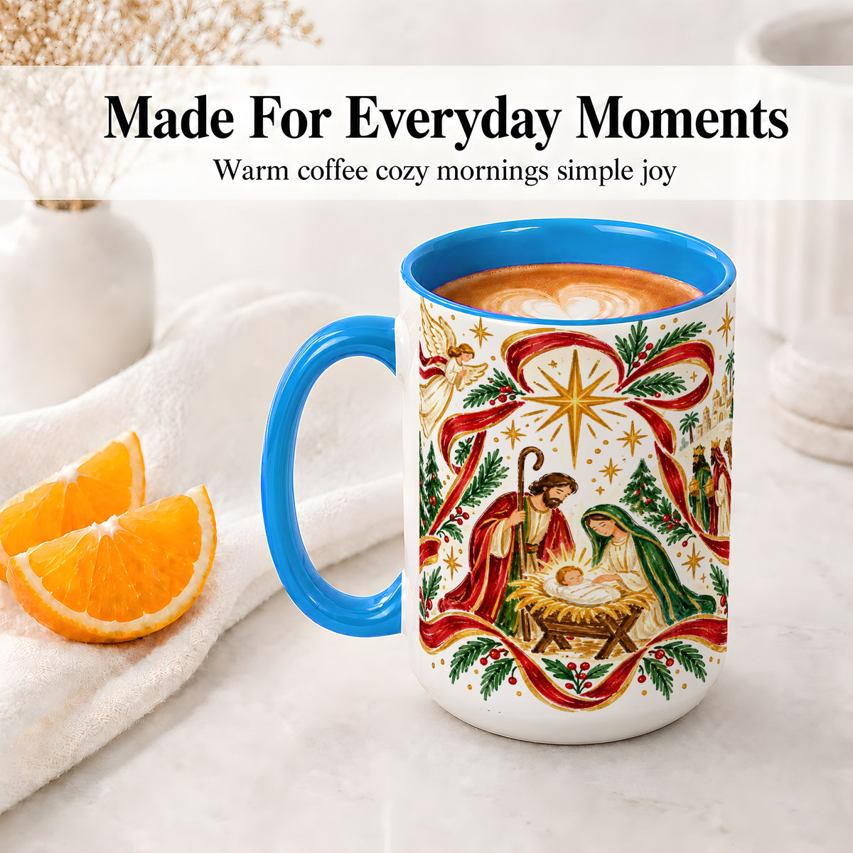 #pl[15oz|Blue] Nativity Christmas Ceramic Mug, Holy Family Angel Religious Scene