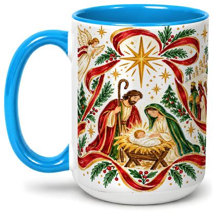 #pl[15oz|Blue] Nativity Christmas Ceramic Mug, Holy Family Angel Religious Scene