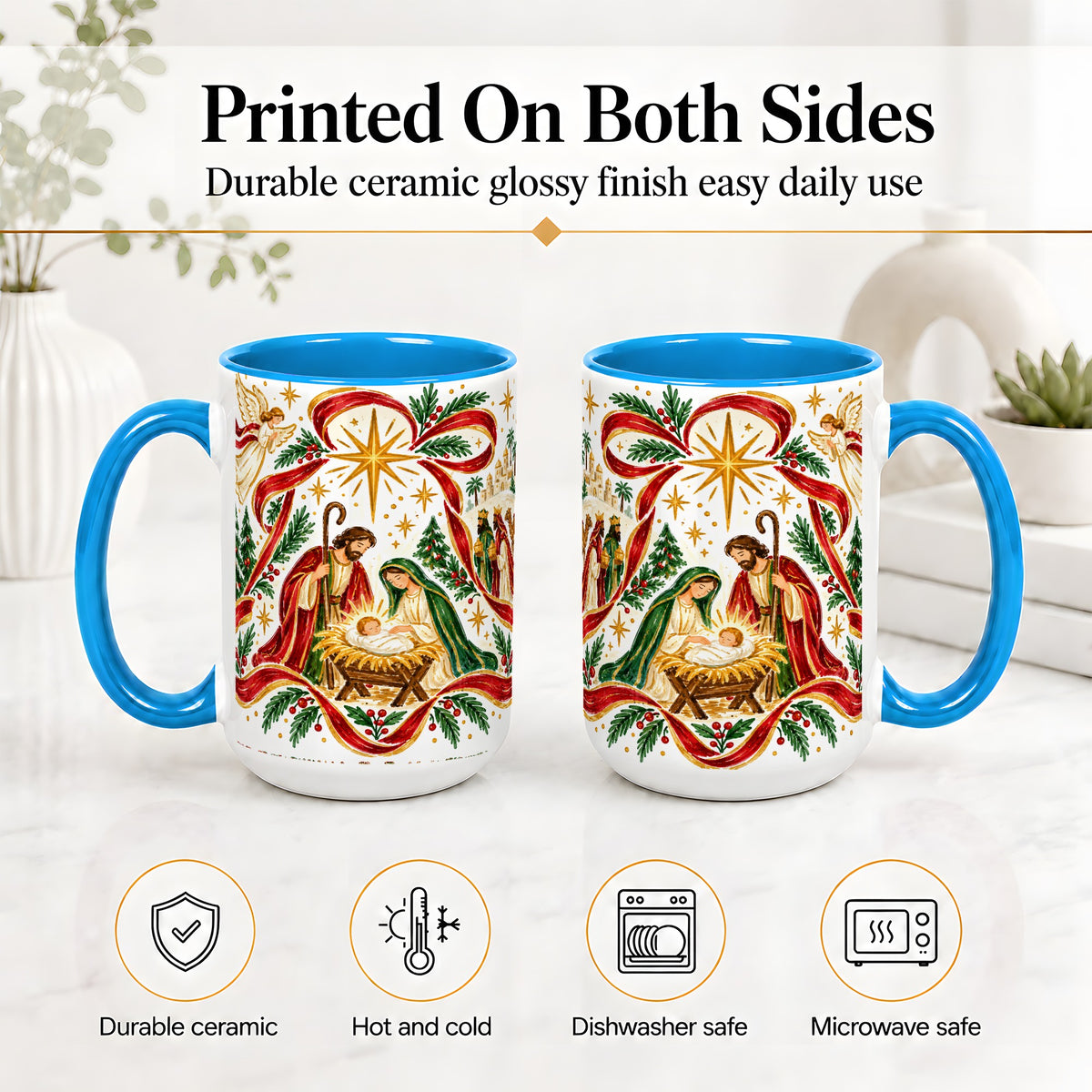 #pl[15oz|Blue] Nativity Christmas Ceramic Mug, Holy Family Angel Religious Scene