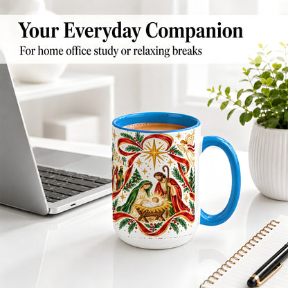 #pl[15oz|Blue] Nativity Christmas Ceramic Mug, Holy Family Angel Religious Scene