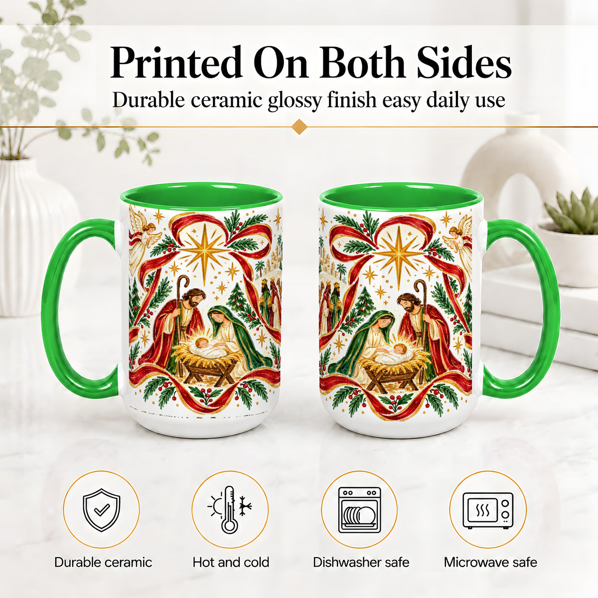 #pl[15oz|Green] Nativity Christmas Ceramic Mug, Holy Family Angel Religious Scene