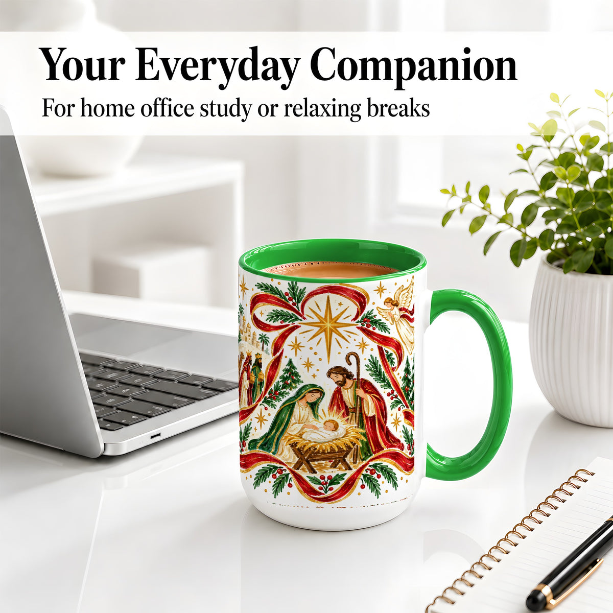 #pl[15oz|Green] Nativity Christmas Ceramic Mug, Holy Family Angel Religious Scene