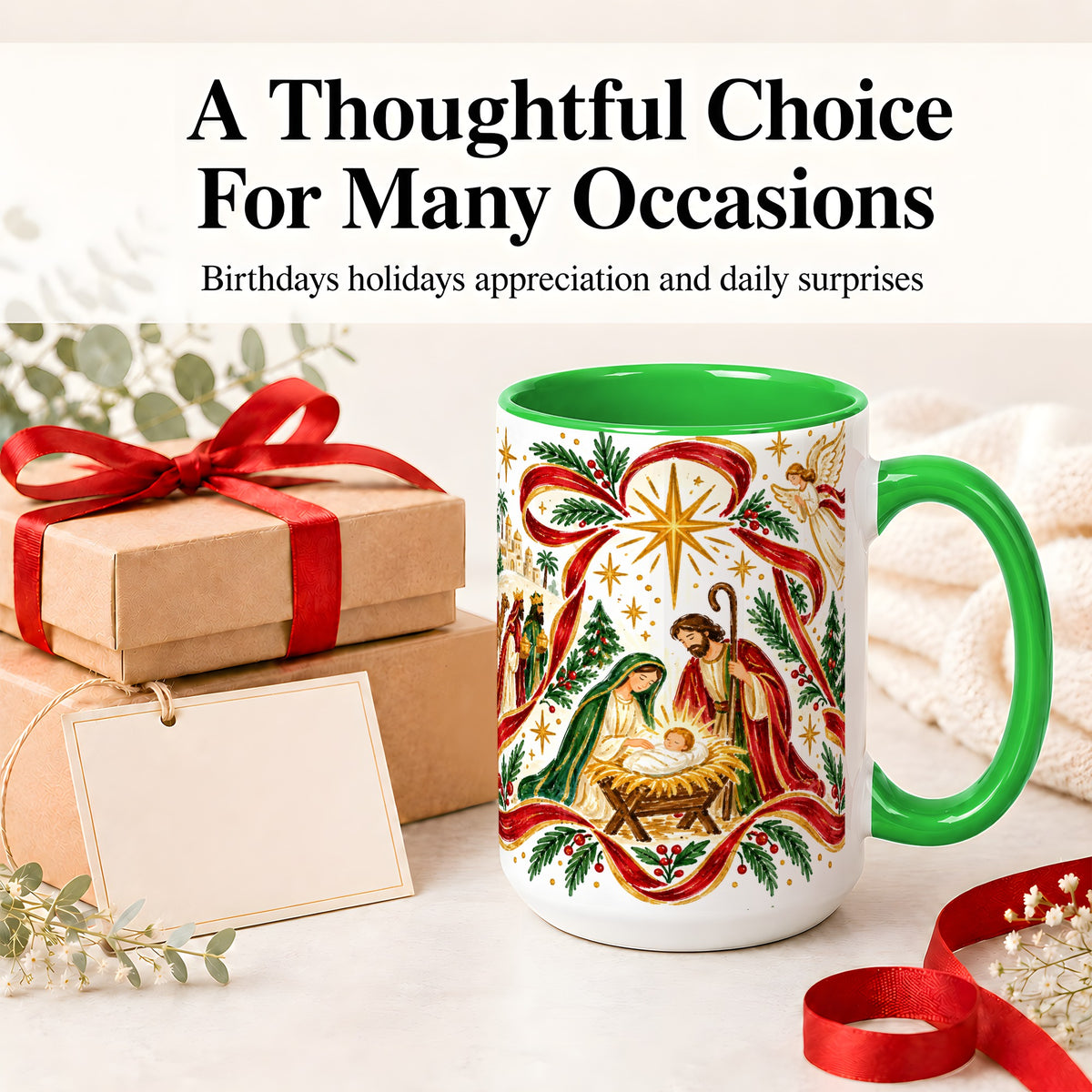 #pl[15oz|Green] Nativity Christmas Ceramic Mug, Holy Family Angel Religious Scene