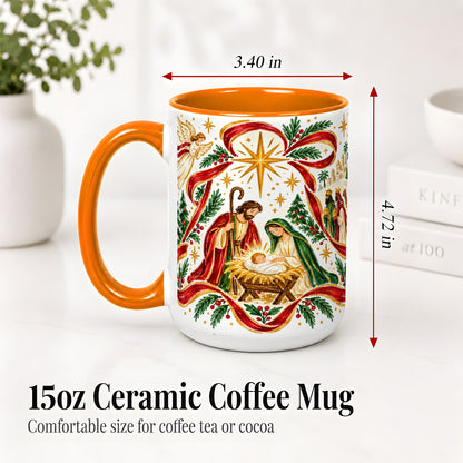 #pl[15oz|Orange] Nativity Christmas Ceramic Mug, Holy Family Angel Religious Scene