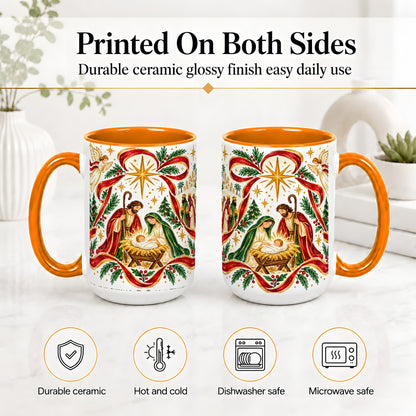 #pl[15oz|Orange] Nativity Christmas Ceramic Mug, Holy Family Angel Religious Scene
