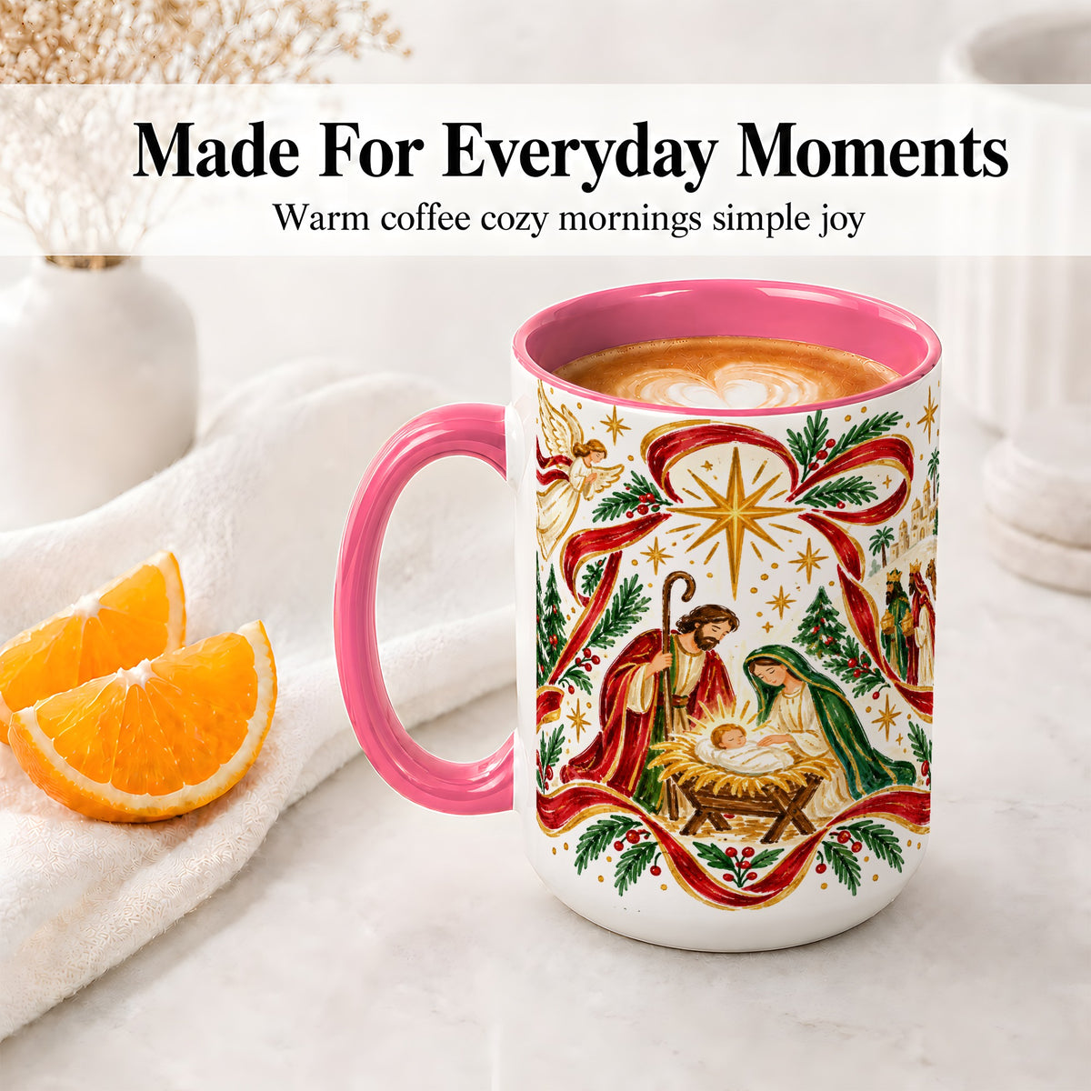 #pl[15oz|Pink] Nativity Christmas Ceramic Mug, Holy Family Angel Religious Scene