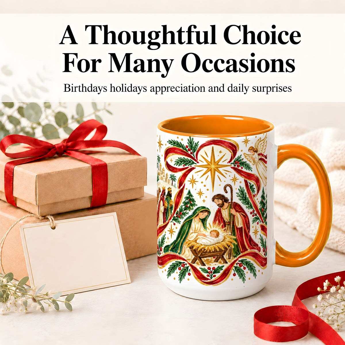 #pl[15oz|Orange] Nativity Christmas Ceramic Mug, Holy Family Angel Religious Scene