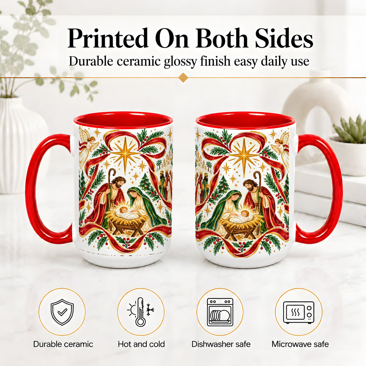 #pl[15oz|Red] Nativity Christmas Ceramic Mug, Holy Family Angel Religious Scene