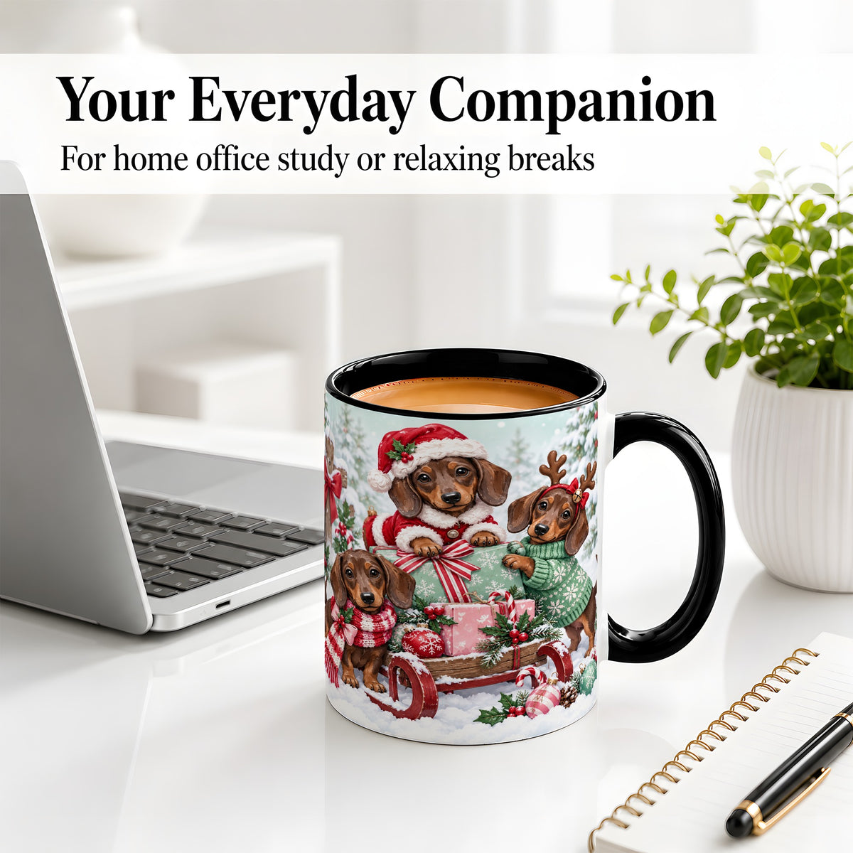 #pl[11oz|Black] Christmas Dachshund Ceramic Mug, Winter Sled Design for Dog Lovers
