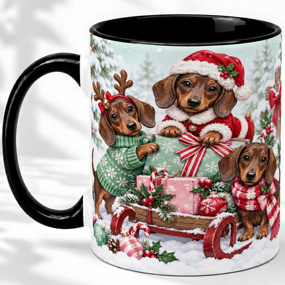 #pl[11oz|Black] Christmas Dachshund Ceramic Mug, Winter Sled Design for Dog Lovers