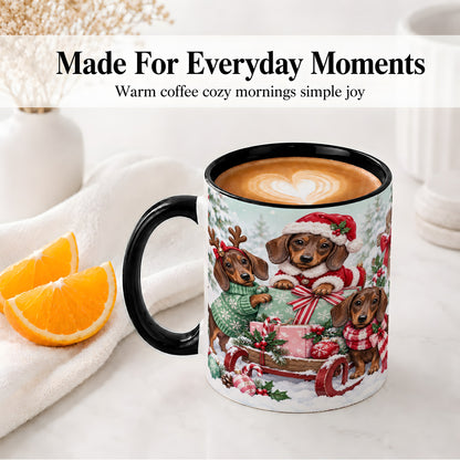#pl[11oz|Black] Christmas Dachshund Ceramic Mug, Winter Sled Design for Dog Lovers