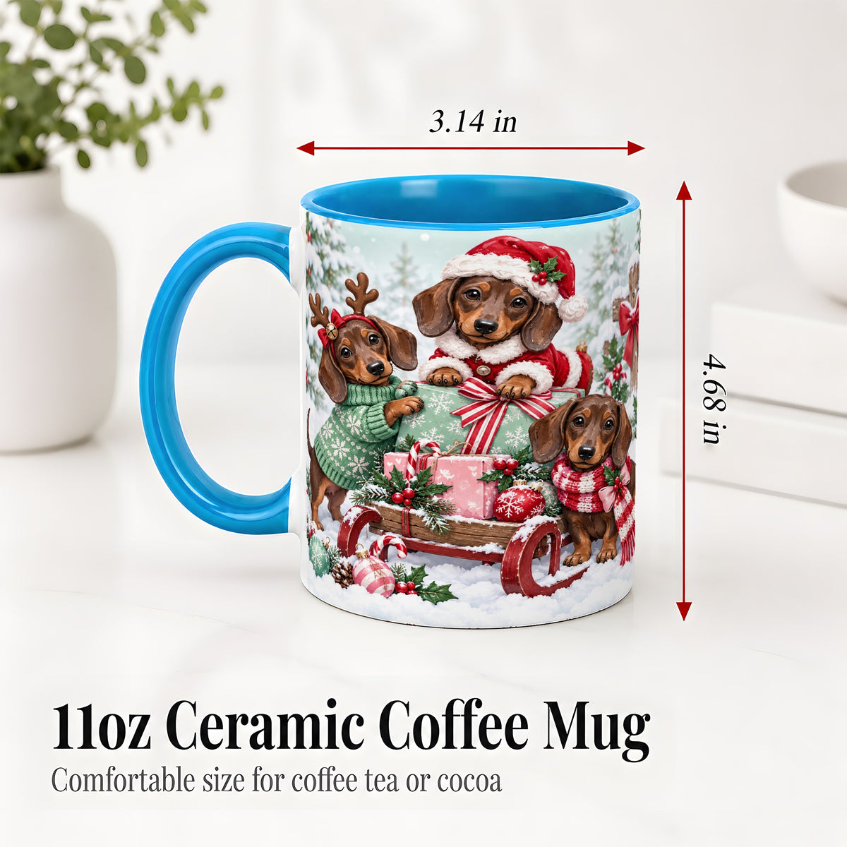 #pl[11oz|Blue] Christmas Dachshund Ceramic Mug, Winter Sled Design for Dog Lovers