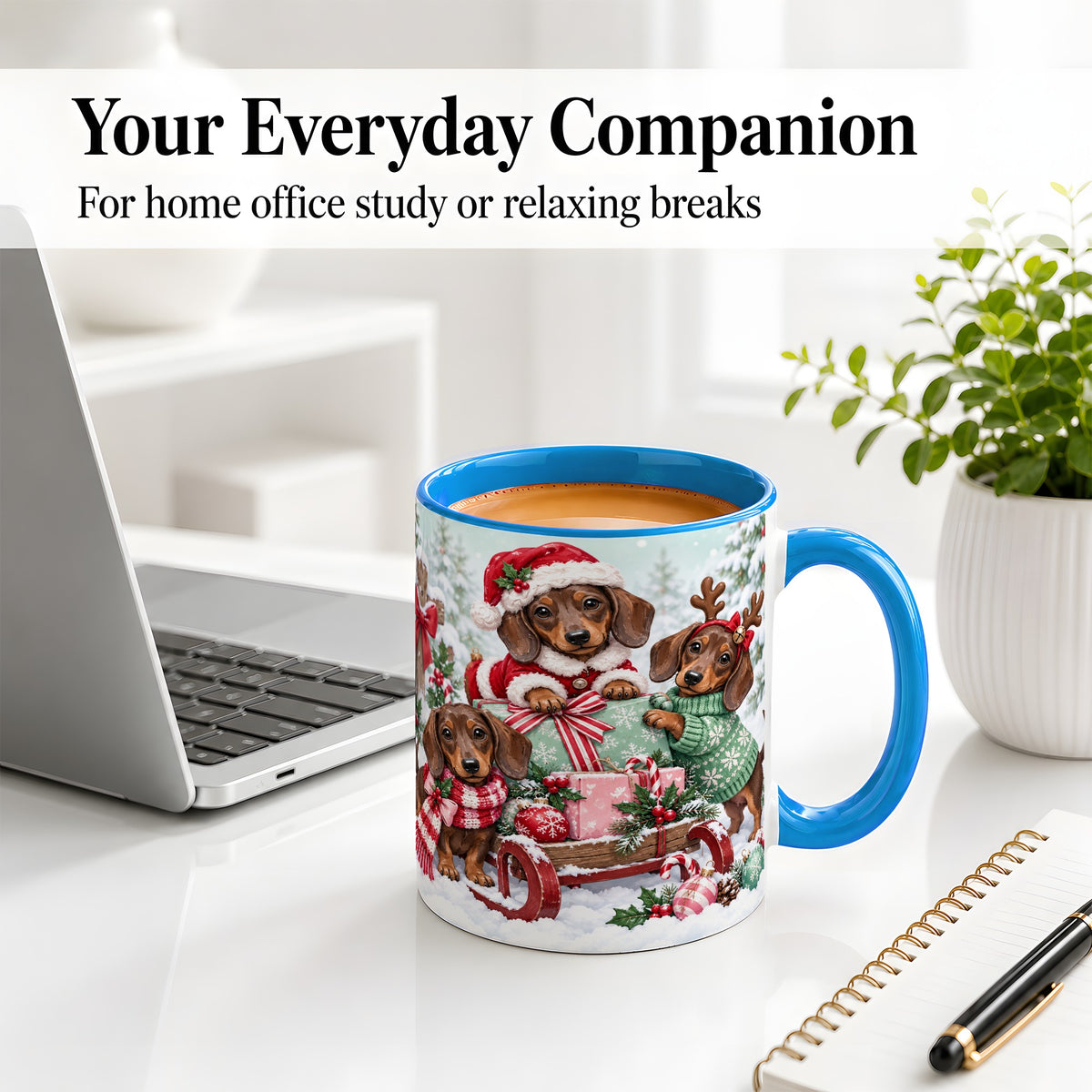 #pl[11oz|Blue] Christmas Dachshund Ceramic Mug, Winter Sled Design for Dog Lovers