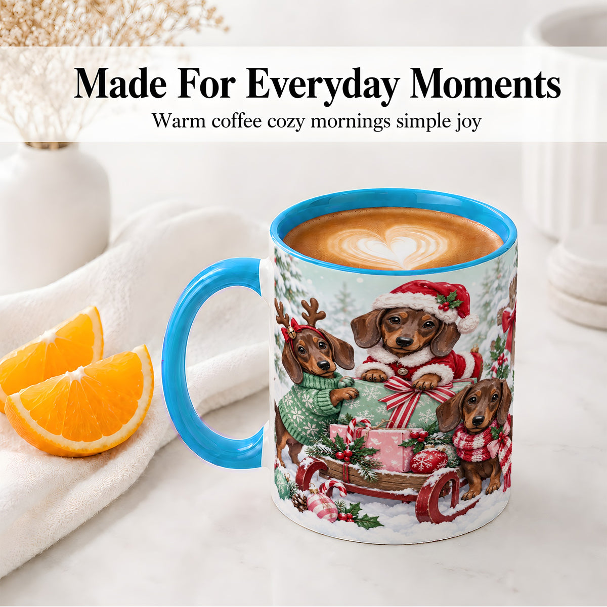 #pl[11oz|Blue] Christmas Dachshund Ceramic Mug, Winter Sled Design for Dog Lovers
