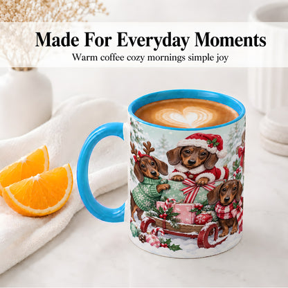 #pl[11oz|Blue] Christmas Dachshund Ceramic Mug, Winter Sled Design for Dog Lovers